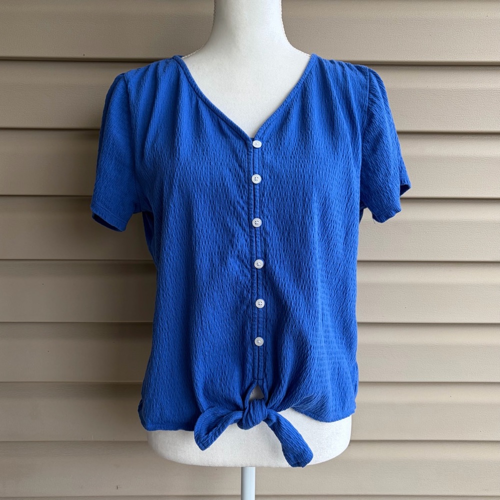 •Talbots• Blue Textured Tie-Front Blouse - Size Medium